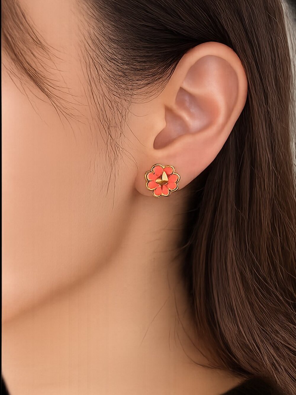 Kate Spade Flower Stud Earrings Peach Coral Gold Tone Floral